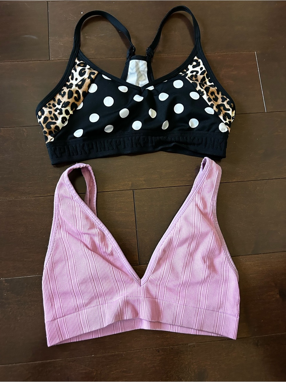 PINK Victoria's Secret Black Polka Dot & Leopard and Pink Ribbed Sports Bras